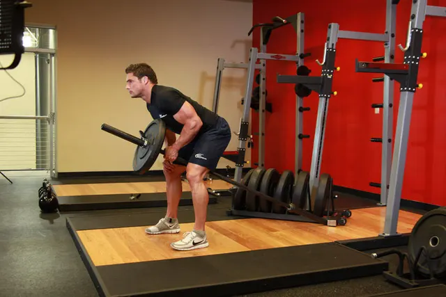 Bent Over One-Arm Long Bar Row, finishing position