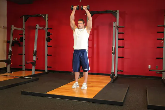 Standing Dumbbell Straight-Arm Front Delt Raise Above Head, finishing position