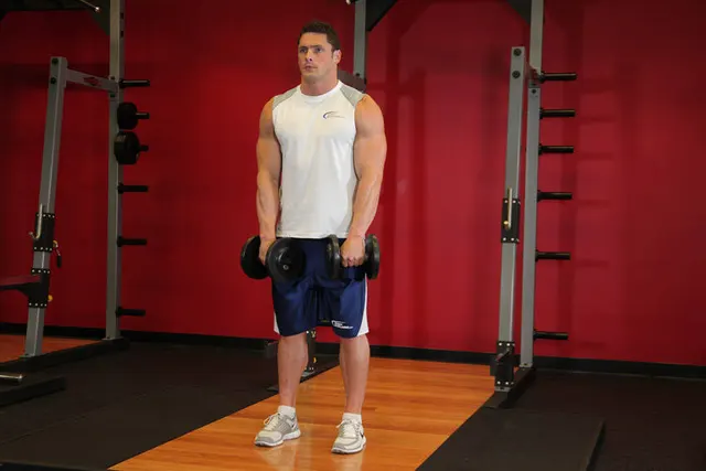 Standing Dumbbell Upright Row, finishing position